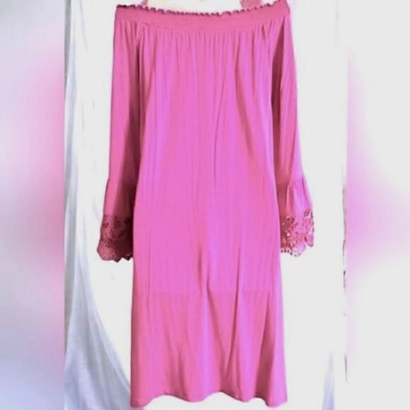 DRESS KATE & MALLORY Off The Shoulder Lace Bell Sleeves & Ruffle MIDI Silky MED - Picture 9 of 9